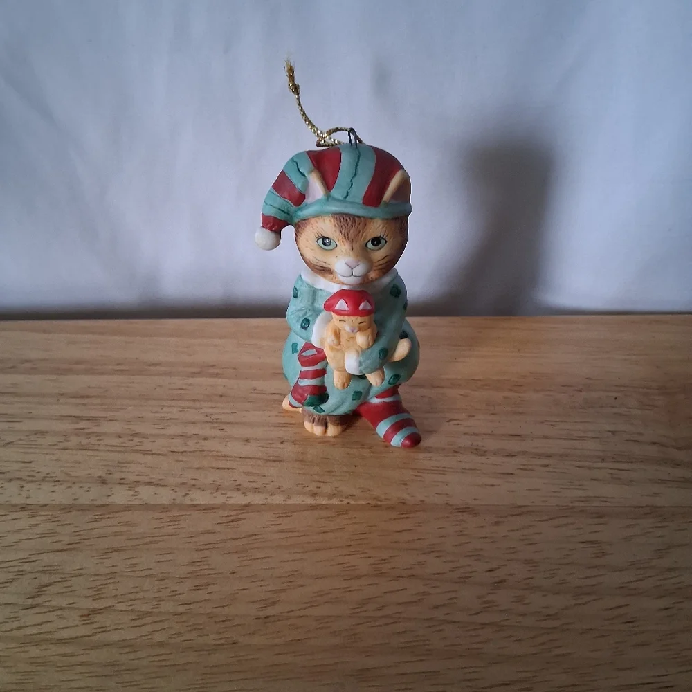 Festive Cat Ornament in Red and Green Holding Kitten In Their Pajamas